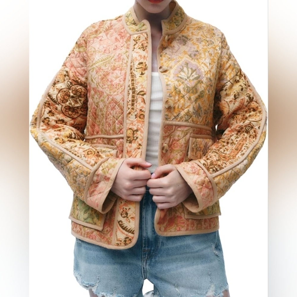 SundayUp Women Cropped Puffer Jacket Cardigan Floral Print Long Sleeve